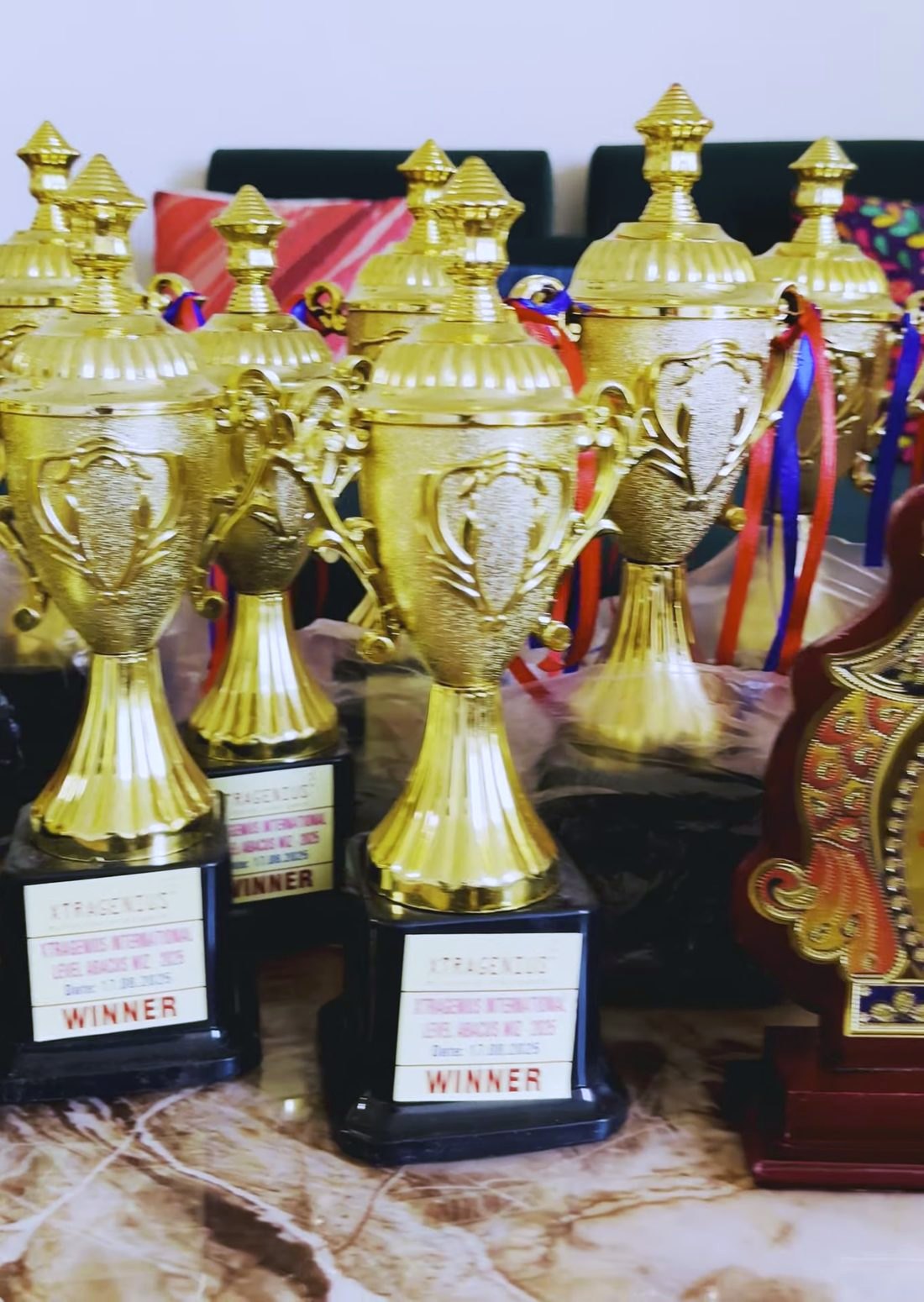Table full of XTRAGENIUS winner trophies